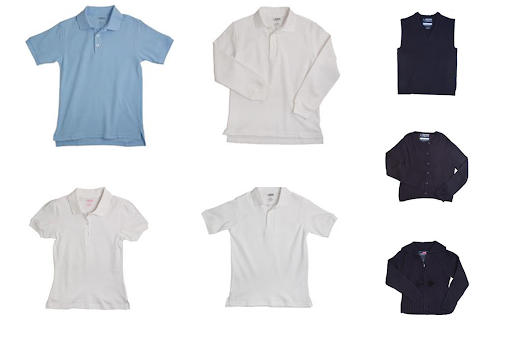 uniform items - light blue, white and dark blue tops