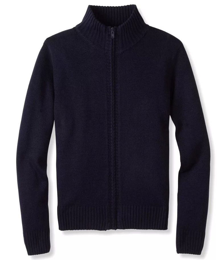 navy blue zip-up sweater